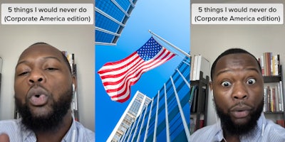man speaking inside finger up caption '5 things I would never do (Corporate America edition)' (l) American flag in city (corporate America concept) (c) man speaking inside finger up caption '5 things I would never do (Corporate America edition)' (r)