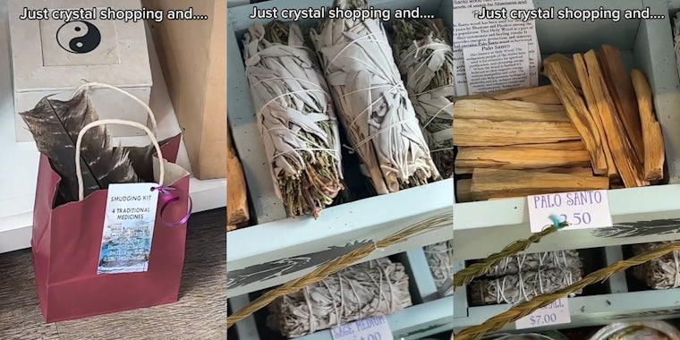 Smudging kit in crystal shop with caption 'Just crystal shopping and...' (l) white sage at crystal shop caption 'Just crystal shopping and...' (c) Palo Santo at crystal shop with caption 'Just crystal shopping and...' (r)
