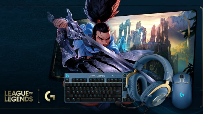 Logitech League of Legends Collection including a keyboard, gaming headset, and a mouse.