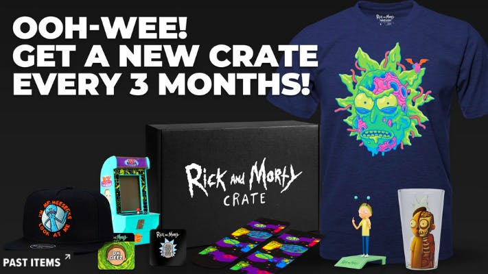 An assortment of Rick and Morty themed apparel and accessories from LootCrate