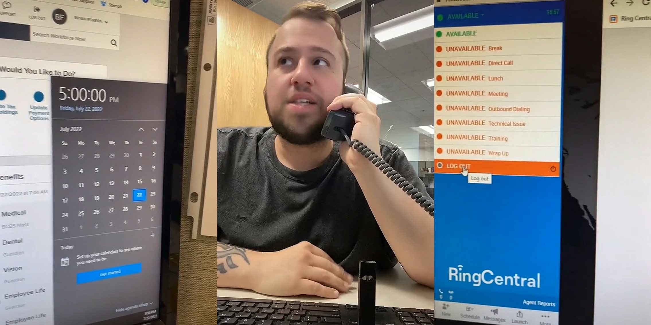 computer screen on clock at 5:00:00 (l) man on phone (c) computer screen on RingCentral sidebar cursor selecting LOG OUT (r)
