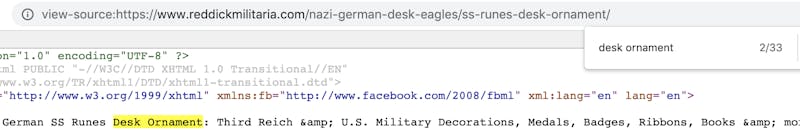 Screenshot of a Nazi memorabilia sales site in HTML view showing that there are 33 occurrence of "desk ornament" found on the page