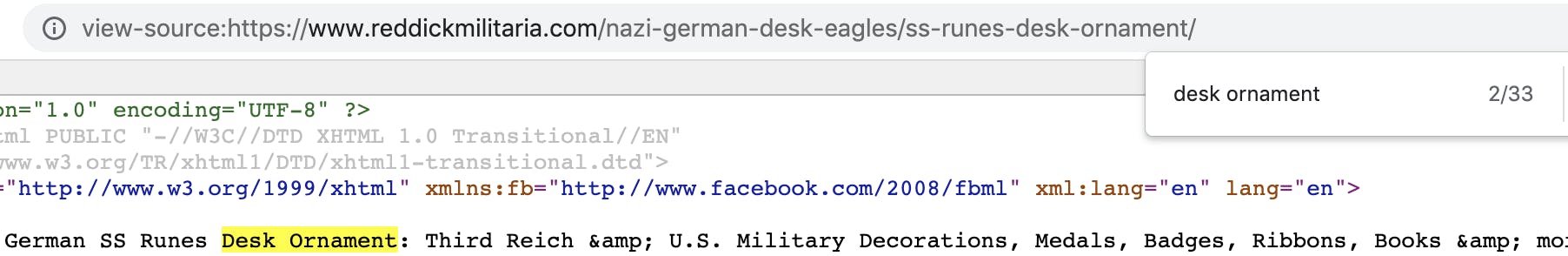 Screenshot of a Nazi memorabilia sales site in HTML view showing that there are 33 occurrence of 'desk ornament' found on the page