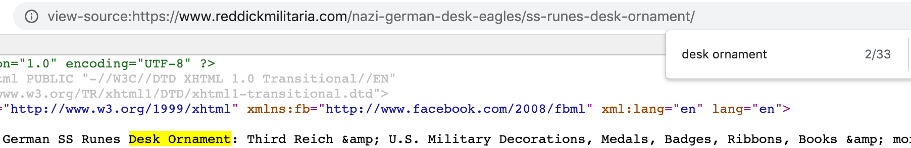 Screenshot of a Nazi memorabilia sales site in HTML view showing that there are 33 occurrence of 'desk ornament' found on the page