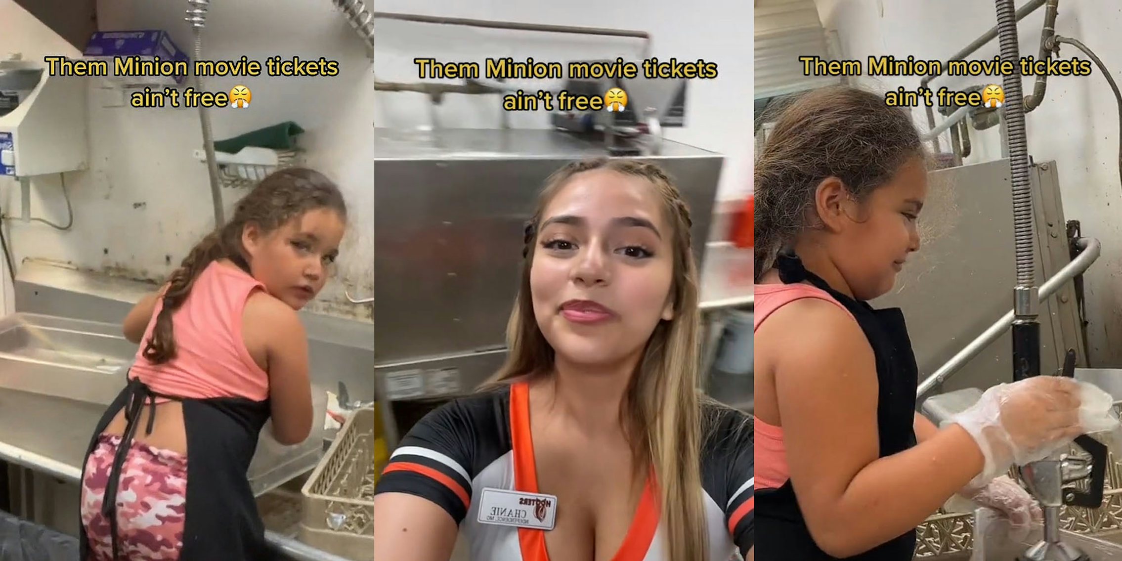 little girl cleaning dishes in back of Hooters caption 'Them Minion movie tickets ain't free' (l) Hooters worker spinning camera caption 'Them Minion movie tickets ain't free' (c) little girl cleaning dishes in back of Hooters caption 'Them Minion movie tickets ain't free' (r)