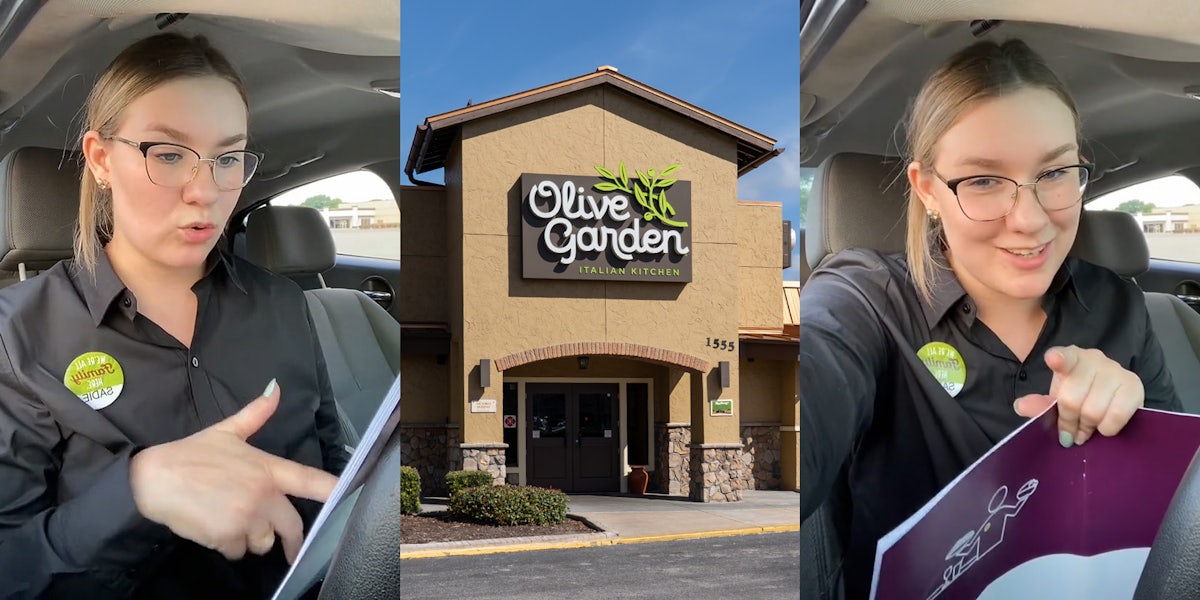 Olive Garden worker in car holding menu pointing to it (l) Olive Garden Restaurant outside (c) Olive Garden worker in car holding menu pointing to camera (r)