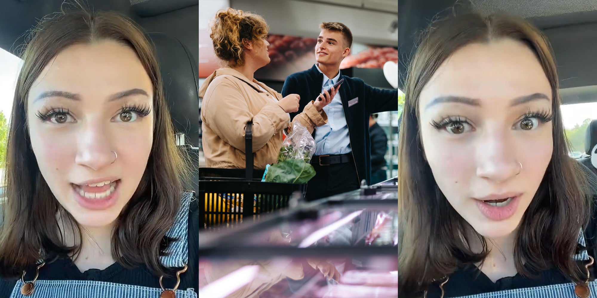 woman speaking in car (l) supermarket worker helping customer (c) woman speaking in car (r)