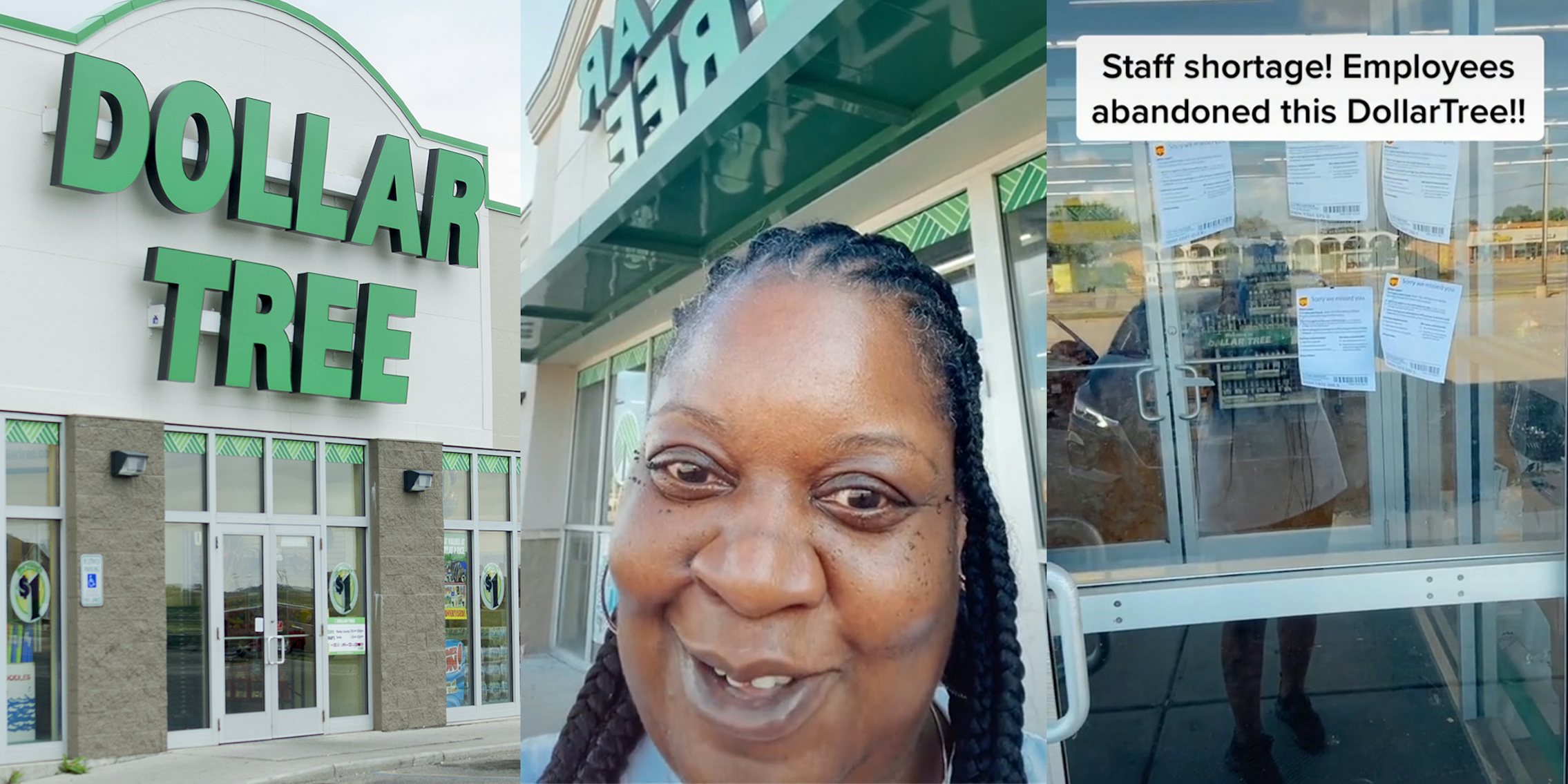dollar tree store (l) woman in parking lot (c) door with notices and caption 'Staff shortage! Employees abandoned this DollarTree!!' (r)