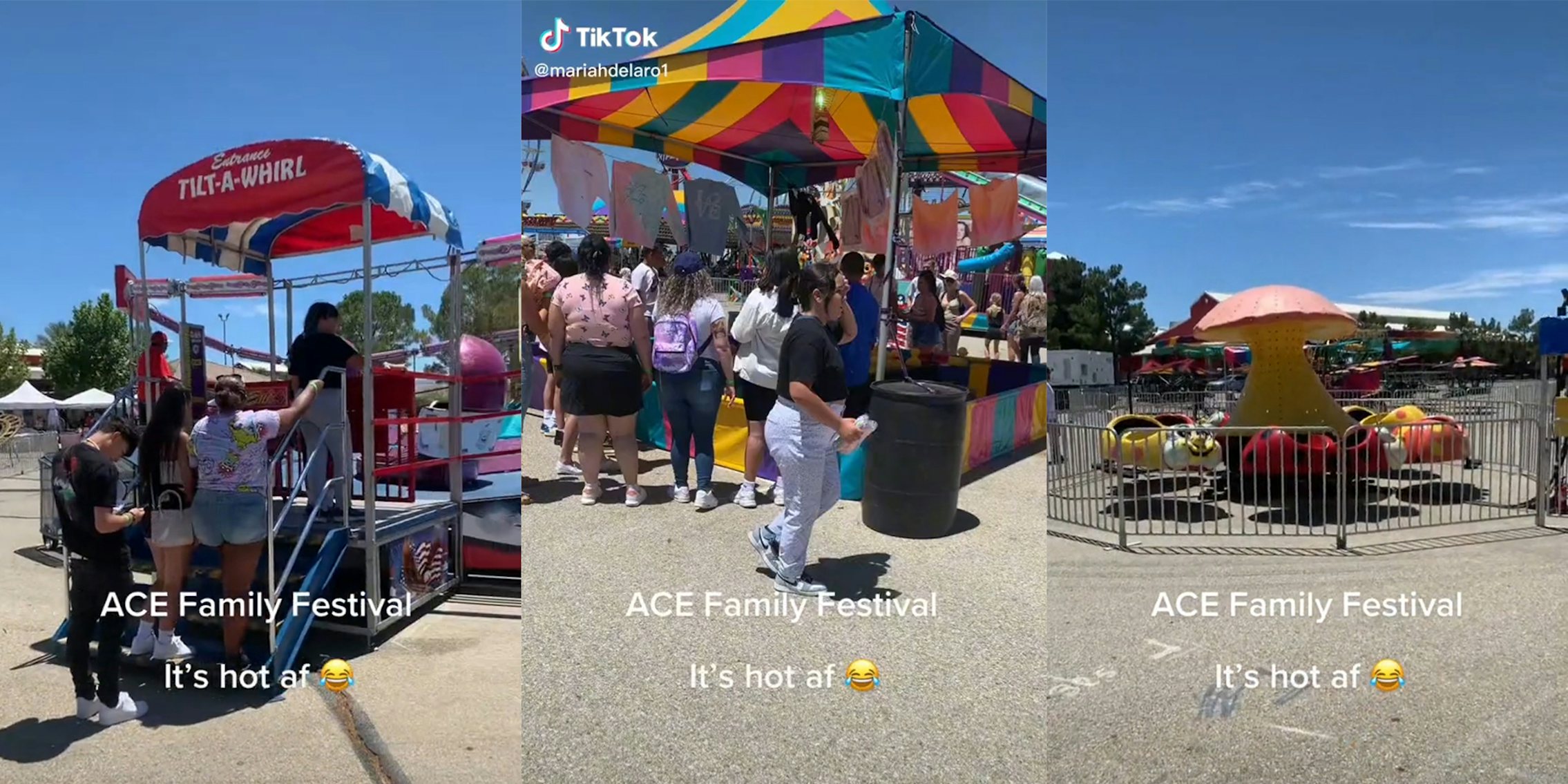Carnival rides in a parking lot with caption 'ACE Family Festival, It's hot af'