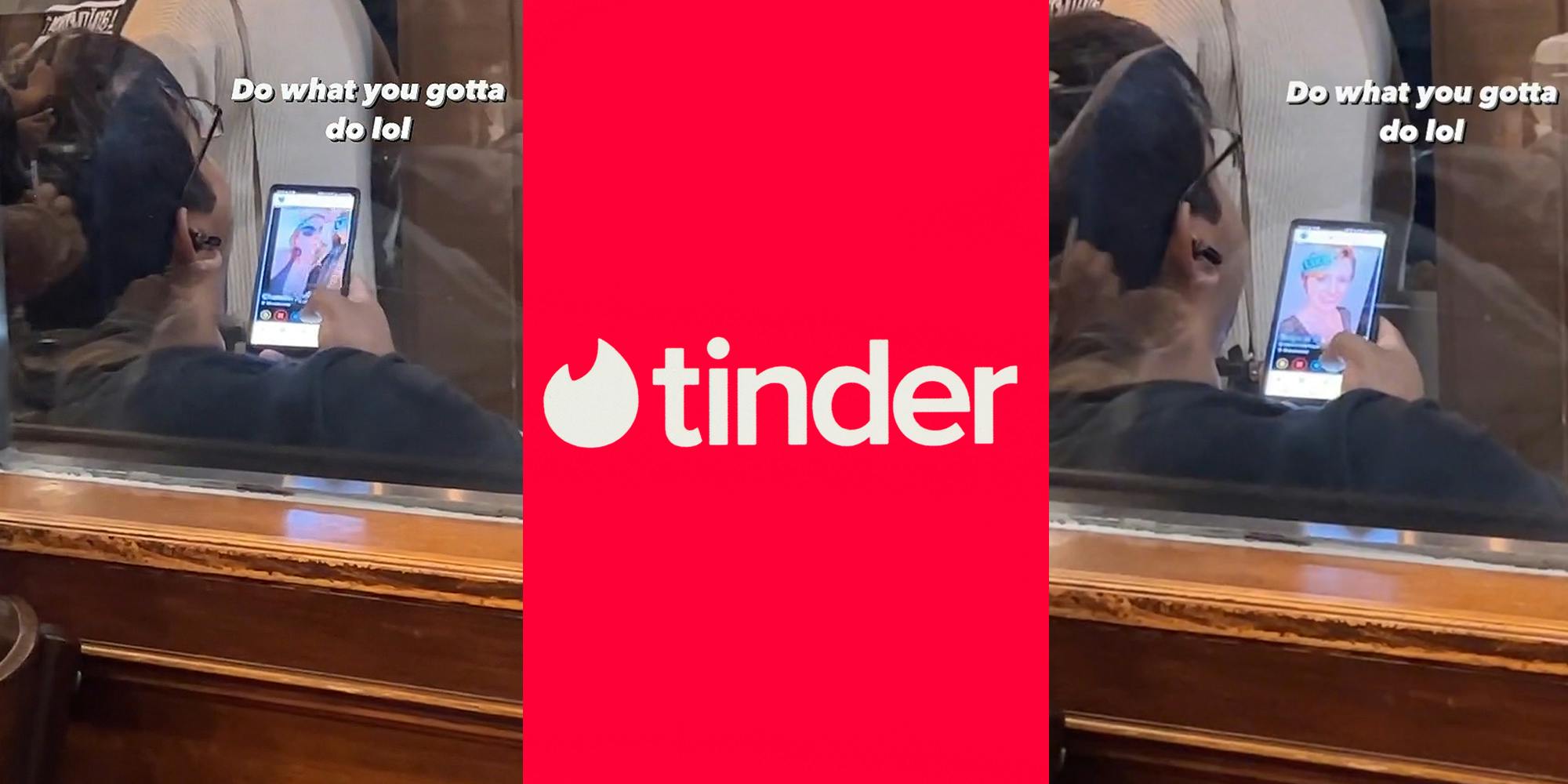 man outside of window swiping right on every person caption "Do what you gotta do lol" (l) Tinder logo on red background (c) man outside window swiping right on every person caption "Do what you gotta do lol" (r)