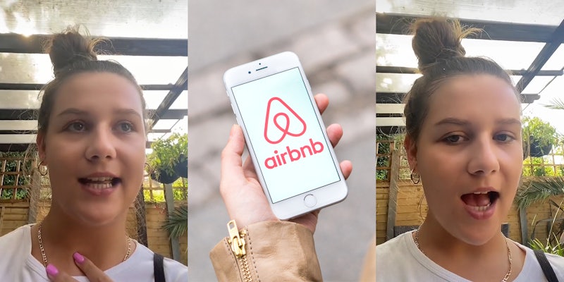 woman speaking hand on chest (l) Airbnb app opening on iPhone in woman hand (c) woman speaking (r)
