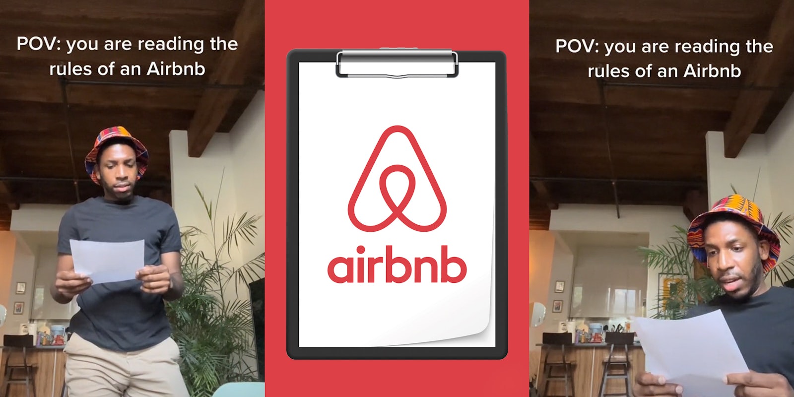 man standing holding paper caption 'POV: you are reading the rules of an Airbnb' (l) Airbnb logo on clipboard on red background (c) man sitting on couch reading paper caption 'POV: you are reading the rules of an Airbnb' (r)
