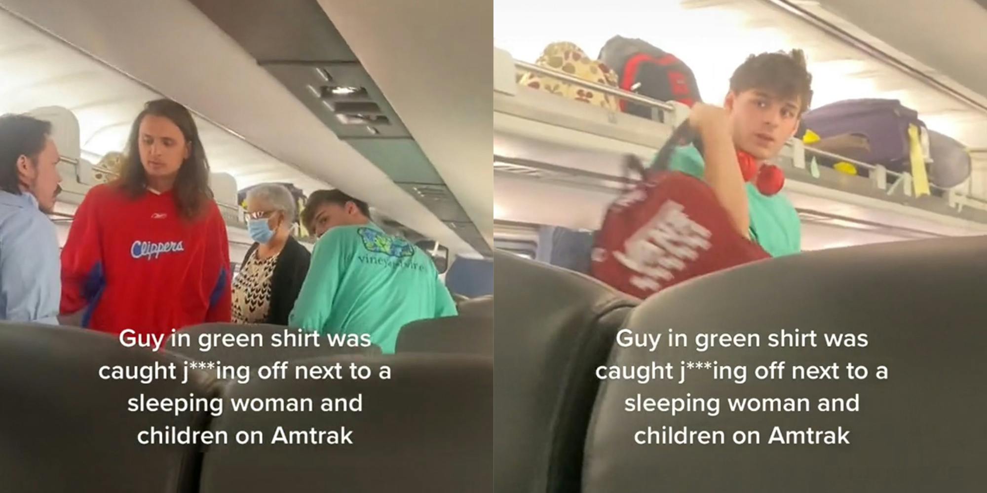 people on train with caption "Guy in green shirt was caught j***ing off next to a sleeping woman and children on Amtrak"