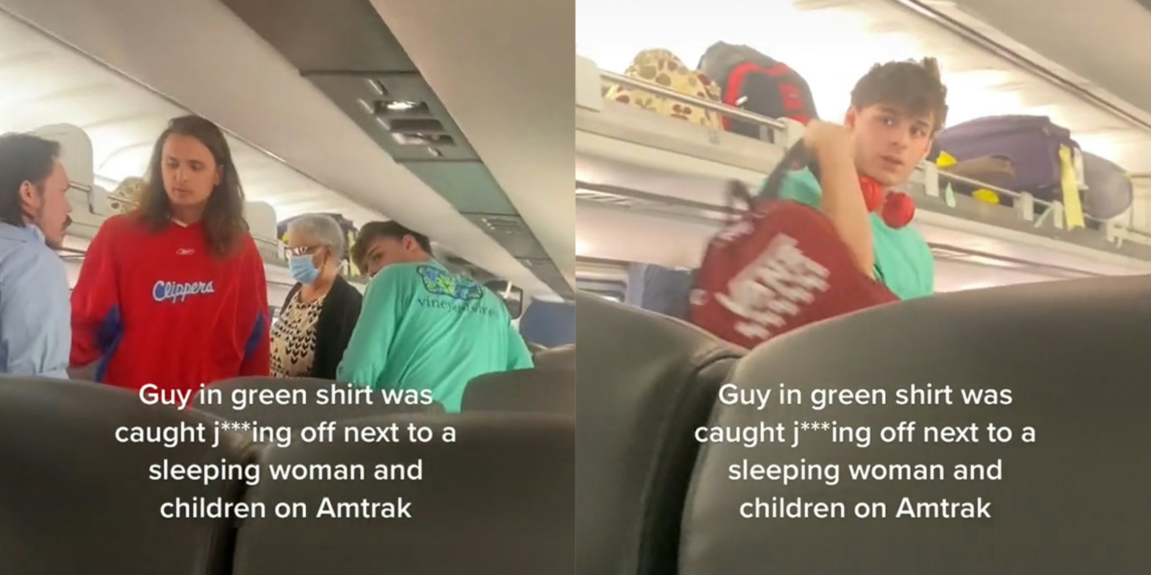 people on train with caption 'Guy in green shirt was caught j***ing off next to a sleeping woman and children on Amtrak'