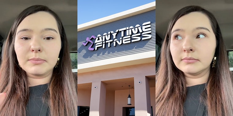 Young woman in car (l&r) Anytime Fitness sign (c)