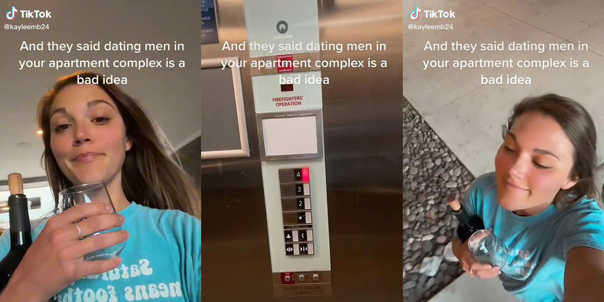 young woman with wine bottle and glass walking through apartment complex (l&r) elevator buttons (c) all with caption "And they said daitng men in your apartment complex is a bad idea"