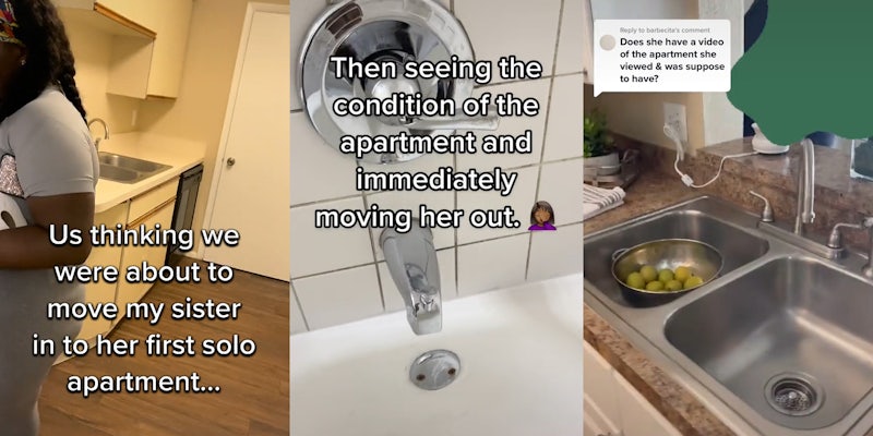 woman standing in empty apartment caption 'Us thinking we were about to move my sister in to her first solo apartment...' (l) bathtub faucet caption 'Then seeing the condition of the apartment and immediately moving her out.' (c) granite countertop sink different appearance from kitchen on left caption 'Does she have a video of the apartment she viewed & was spposed to have?' (r)