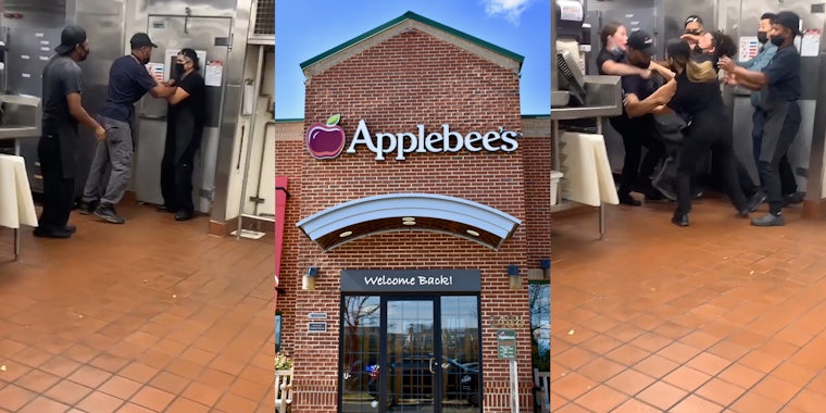 Applebee's employees in kitchen hands on each other shoving (l) Applebee's building and sign (c) Applebee's employees pulling one worker off of the other