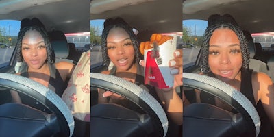 woman holding Arby's in car (l) woman holding up false lashes on her Arby's fries (c) woman shocked expression speaking in car (r)