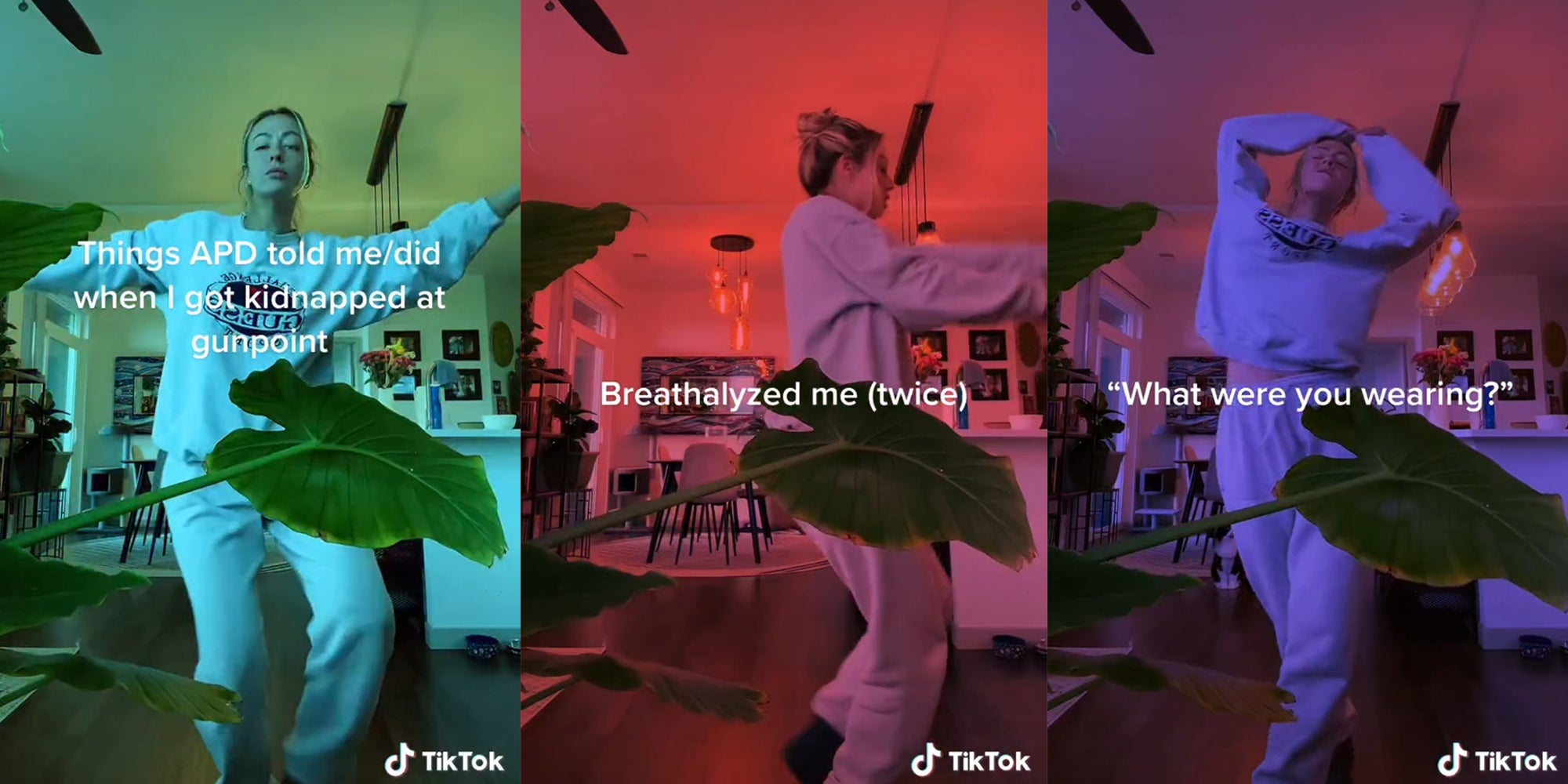 woman dancing with captions 'Things APD told me/did when I got kidnapped at gunpoint' (l) 'Breathalyzed me twice' (c) 'What were you wearing?' (r)