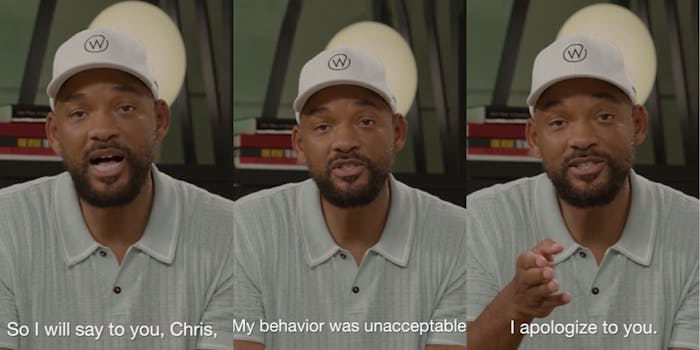 Will Smith speaking caption "So I will say to you, Chris," (l) Will Smith speaking caption "My behavior was unacceptable" (c) Will Smith speaking hand out caption "I apologize to you." (r)