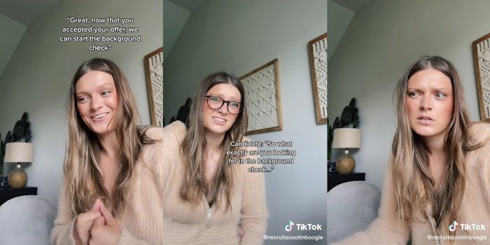 young woman with caption "Great, now that you accepted your offer, we can start the background check" (l) young woman with glasses and caption "Candidate: So what exactly are you looking for in the background check..." (c) young woman with perplexed look (r)