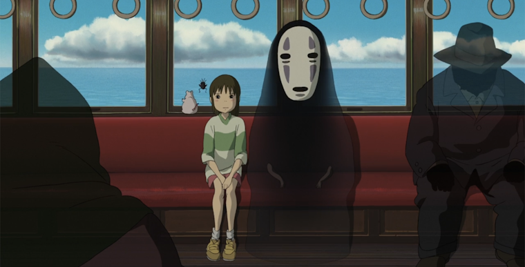 best anime services - spirited away on hbo max, image of a little girl sitting next to a ghost on a train