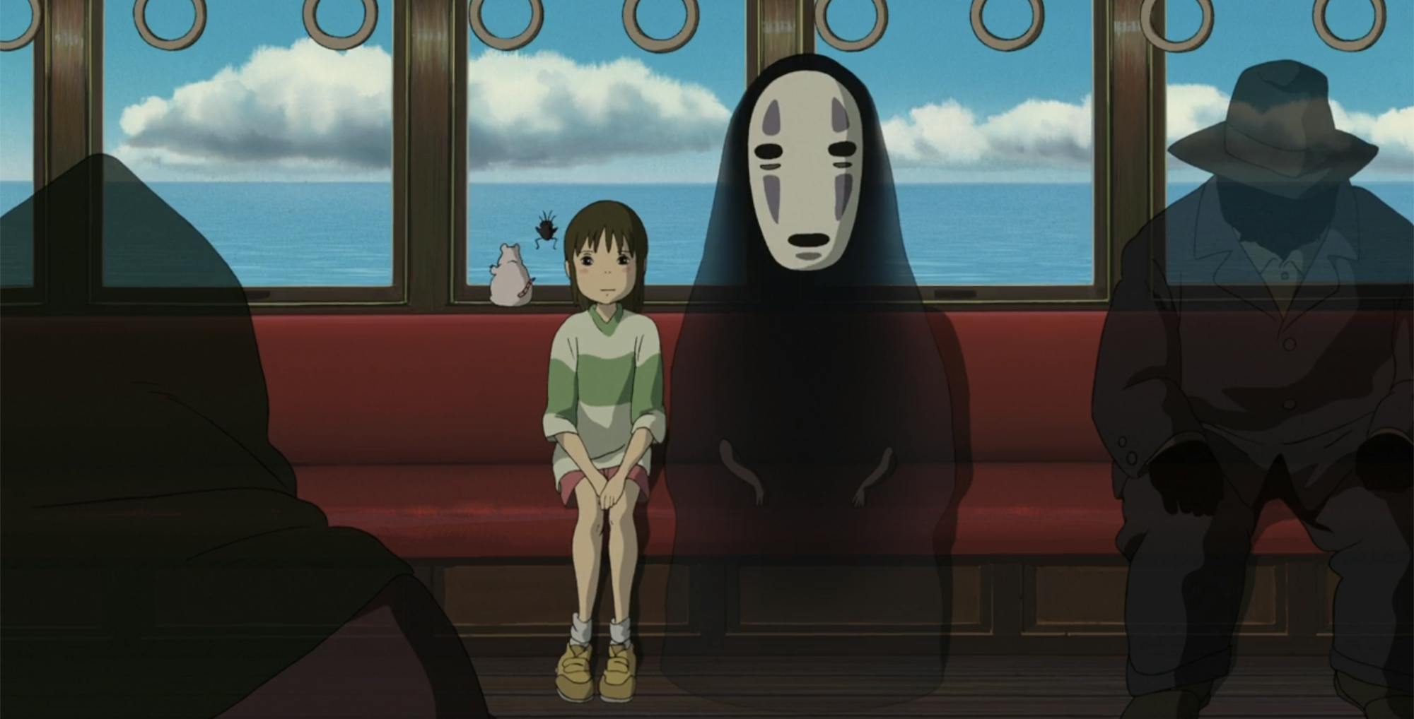 best anime services - spirited away on hbo max, image of a little girl sitting next to a ghost on a train