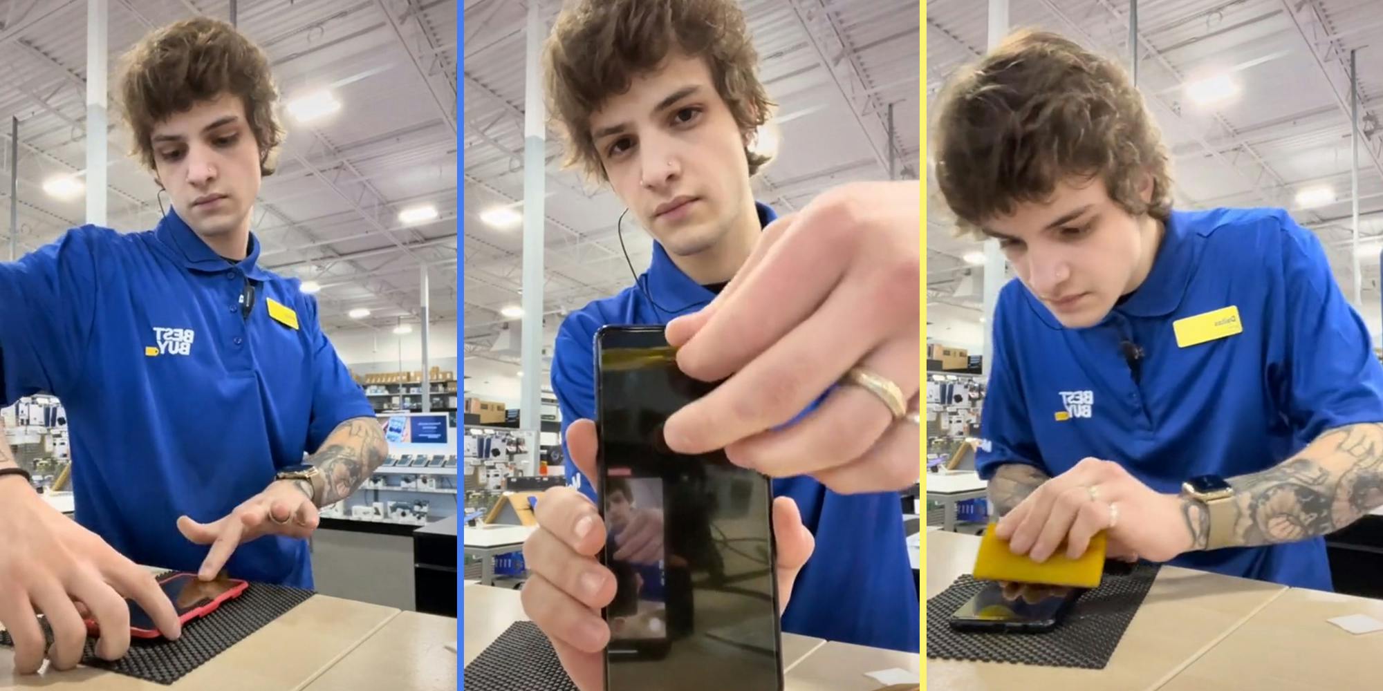 Best Buy employee placing screen protector on phone