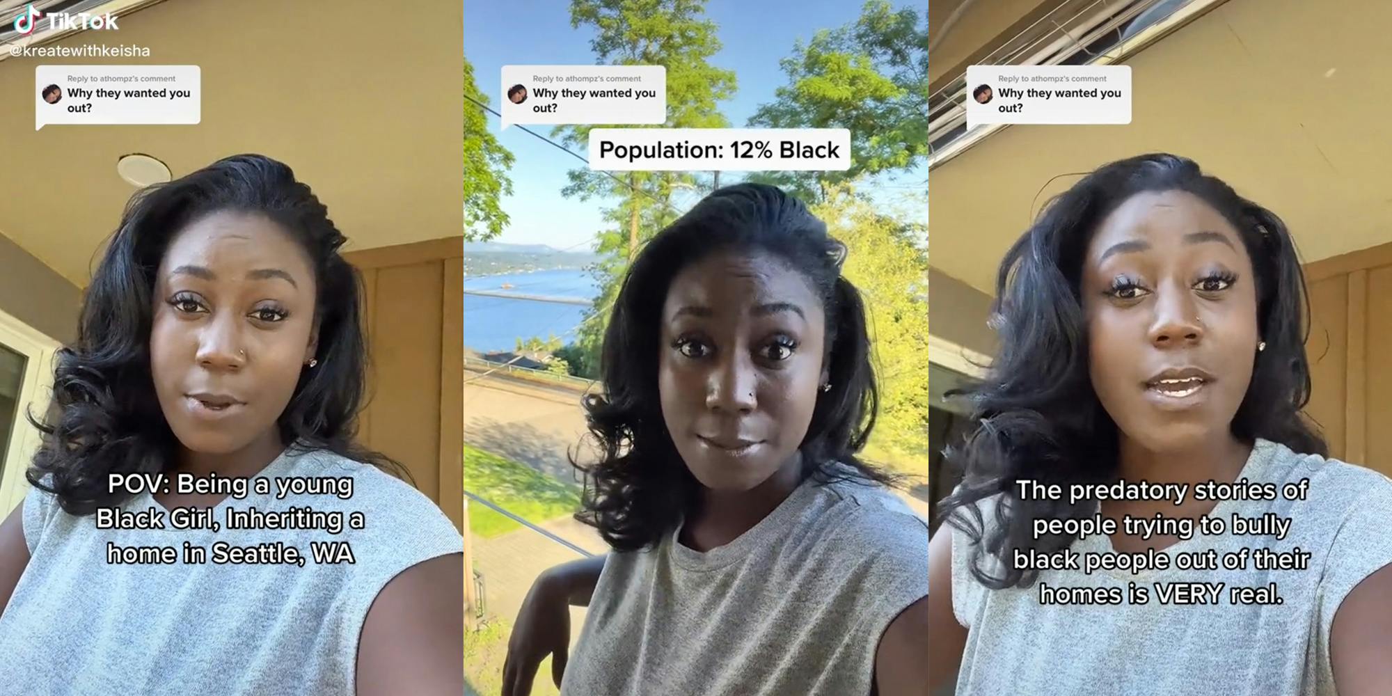 young woman with captions "POV: being a young Black Girl, inheriting a home in Seattle, WA" (l) "Population: 12% Black" (c) "The predatory stories of people trying to bully black people out of their homes is VERY real." (r)