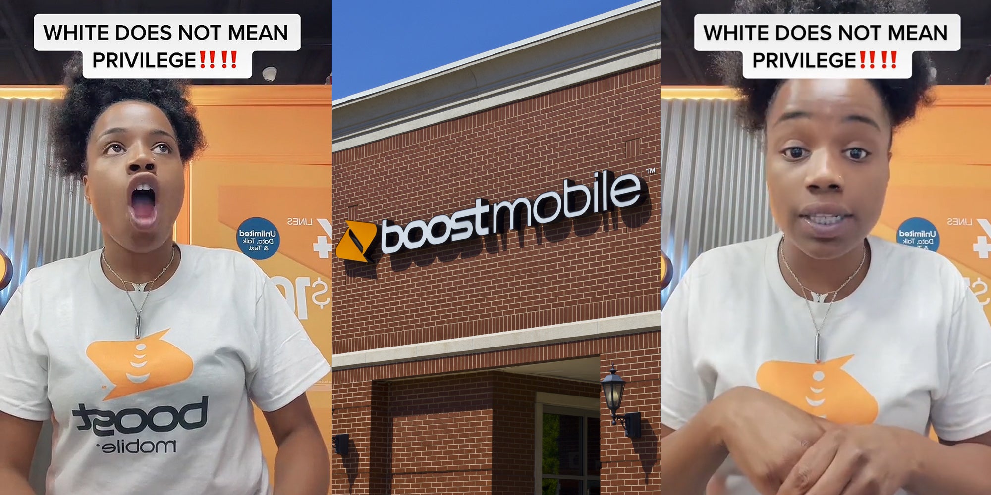 Boost Mobile worker mouth open shocked expression caption "WHITE DOES NOT MEAN PRIVILEGE" (l) Boost Mobile building with sign (c) Boost Mobile worker speaking caption "WHITE DOES NOT MEAN PRIVILEGE" (r)