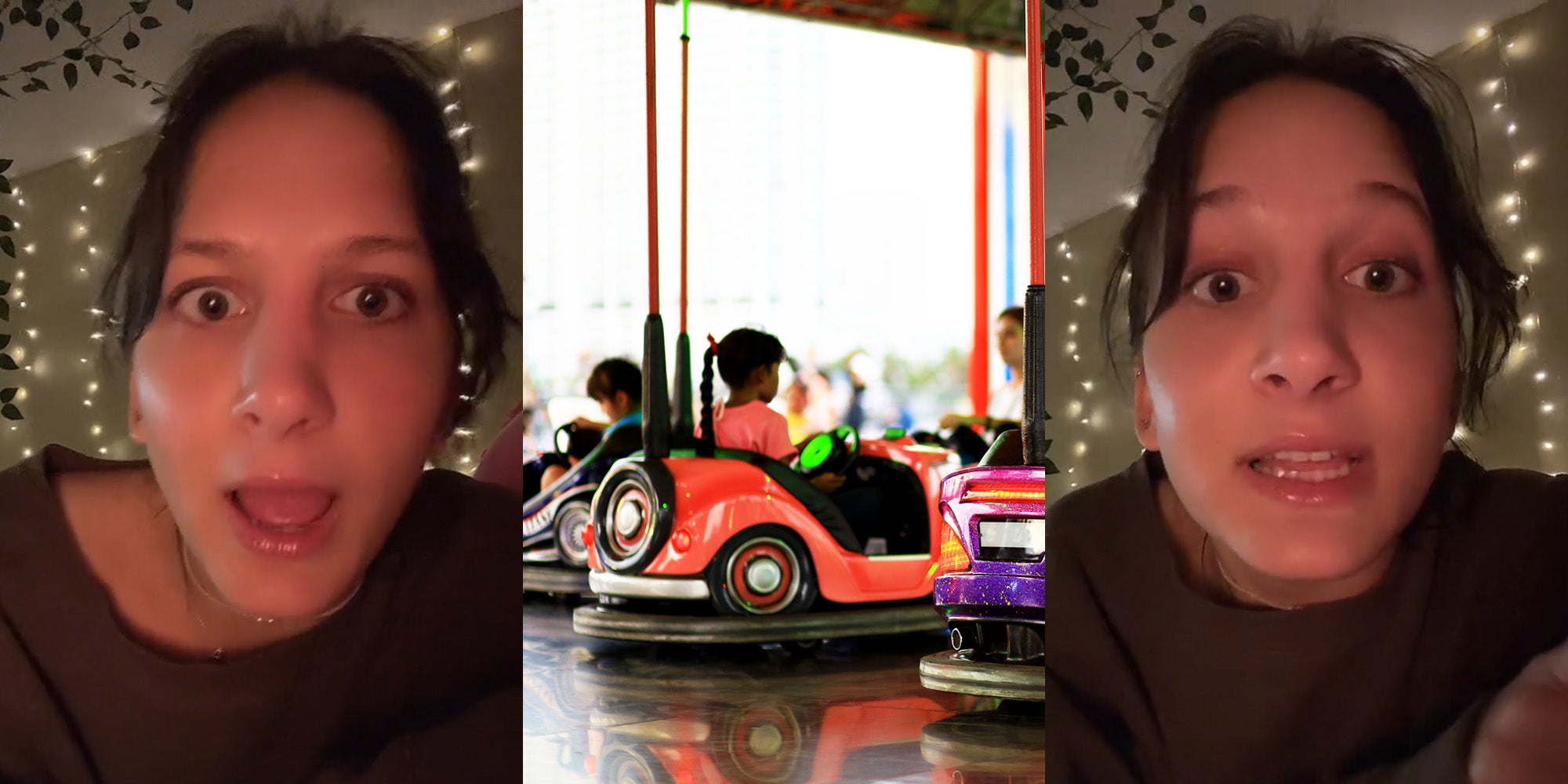 woman shocked expression speaking (l) bumper cars (c) woman speaking upset (r)