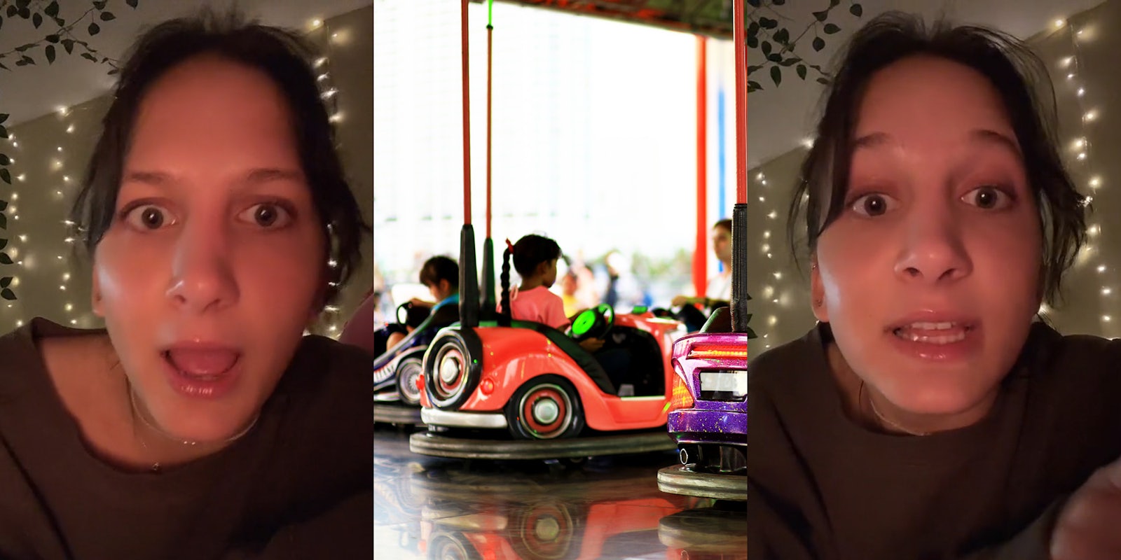 woman shocked expression speaking (l) bumper cars (c) woman speaking upset (r)
