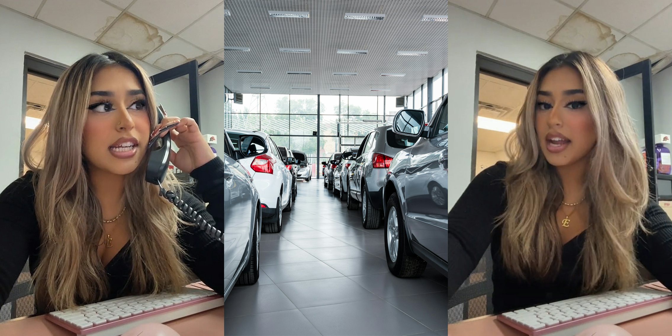 woman working at car dealership on phone (l) car dealership interior (c) woman working at car dealership speaking (r)