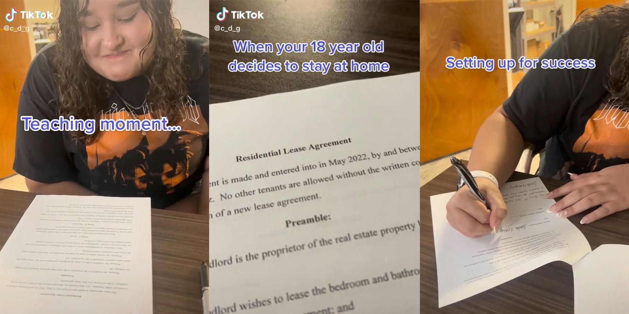 young woman looking at contract with caption "Teaching moment..." (l) Residential Lease Agreement with caption "When your 18 year old decides to stay at home" (c) young woman signing contract with caption "Setting up for success" (r)