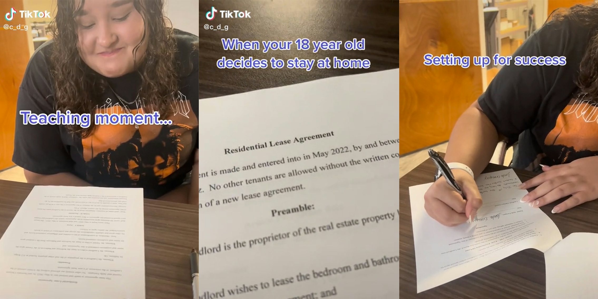 young woman looking at contract with caption 'Teaching moment...' (l) Residential Lease Agreement with caption 'When your 18 year old decides to stay at home' (c) young woman signing contract with caption 'Setting up for success' (r)