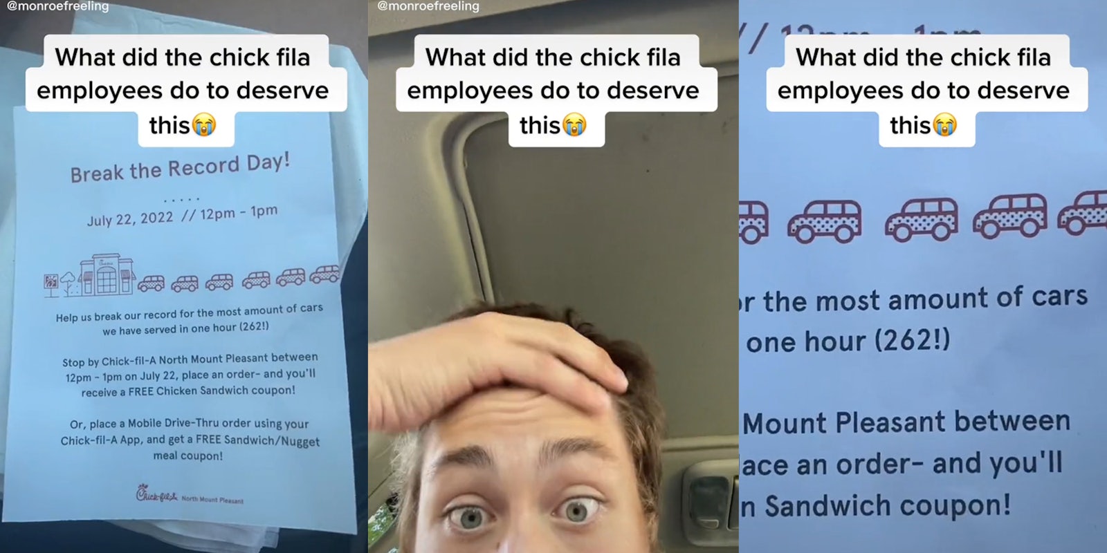 'Break the Record Day!' flyer from Chick-fil-A (l) man with hand on head in disbelief (c) close up of the flyer with 'the most amount of cars in one hour (262!)' (r) all with caption 'What did the chick fila employees do to deserve this'
