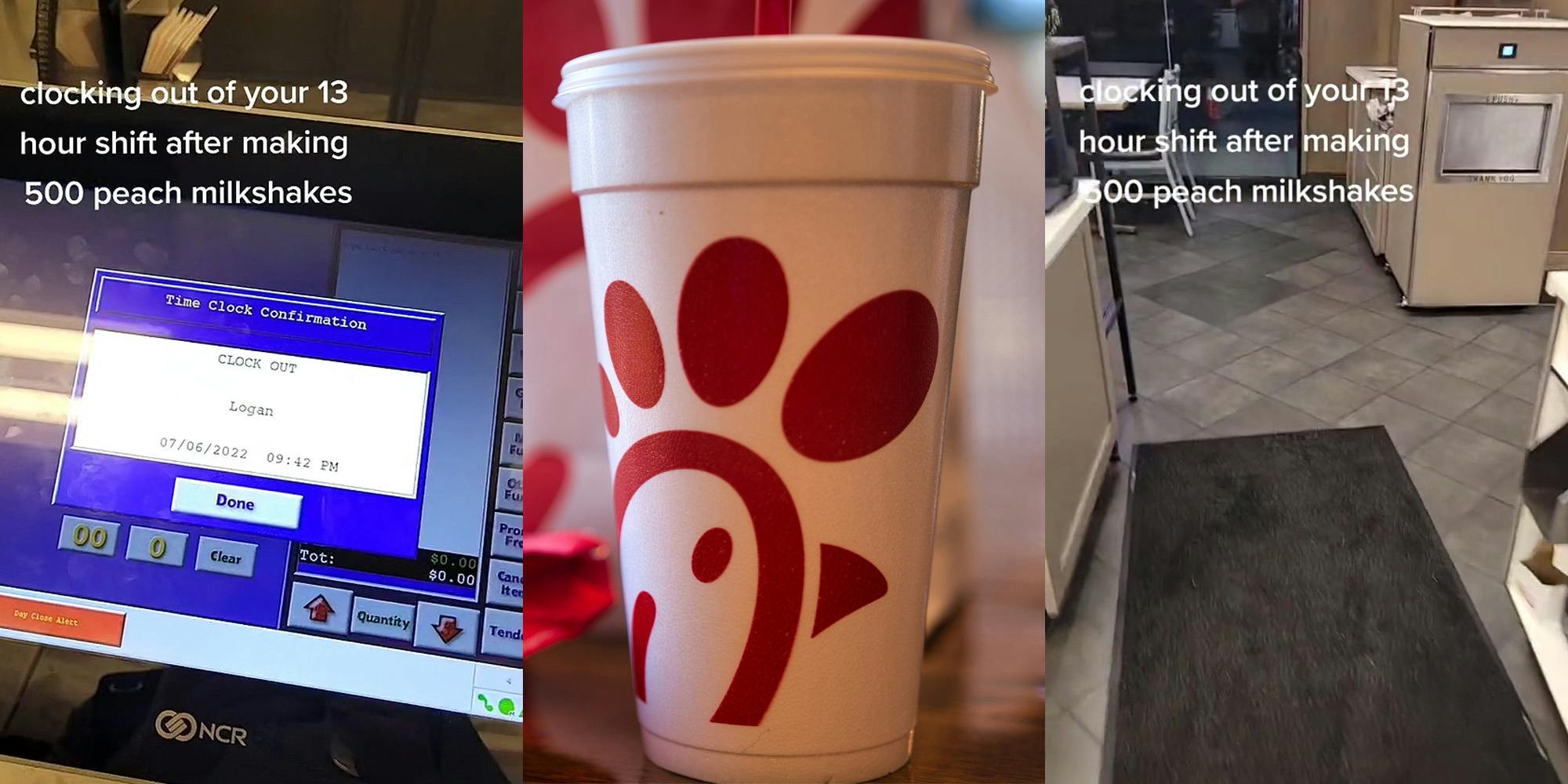 Chick-fil-a worker clock out on computer screen caption "clocking out of your 13 hour shift after making 500 peach milkshakes" (l) Chick-fil-a cup with logo (c) Chick-fil-a worker exiting restaurant caption "clocking out of your 13 hour shift after making 500 peach milkshakes" (r)