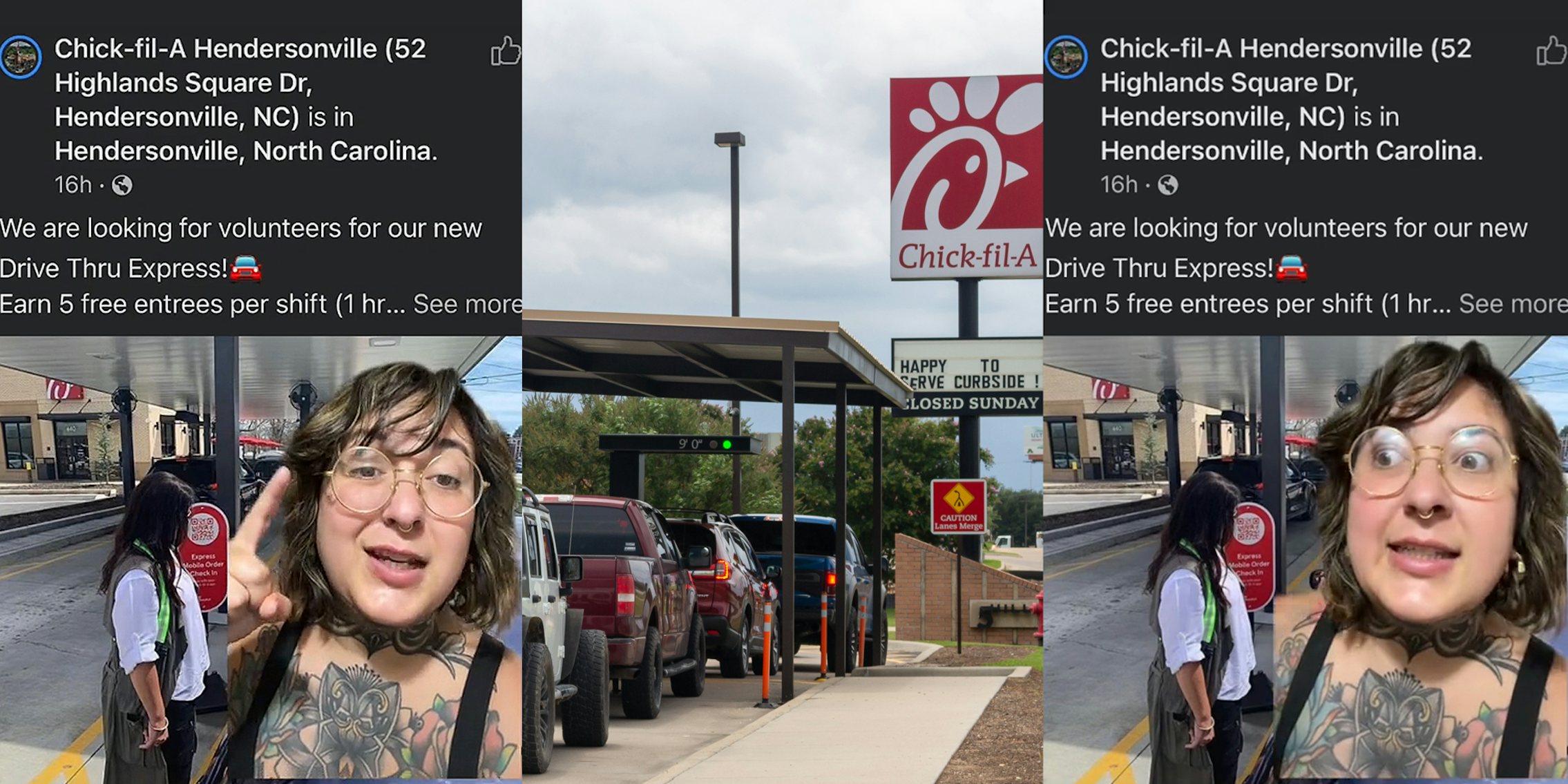 person greenscreen tiktok over Facebook post by Chipotle caption 'Chick-fil-A Hendersonville (52 Highlands Square Dr, Hendersonville, NC) is in Hendersonville, North Carolina We are looking for volunteers for our new Drive Thru Express! Earn 5 free entrees per shift' (l) Chick-fil-A drive thru with sign (c) person greenscreen tiktok over Facebook post by Chipotle caption 'Chick-fil-A Hendersonville (52 Highlands Square Dr, Hendersonville, NC) is in Hendersonville, North Carolina We are looking for volunteers for our new Drive Thru Express! Earn 5 free entrees per shift' (r)
