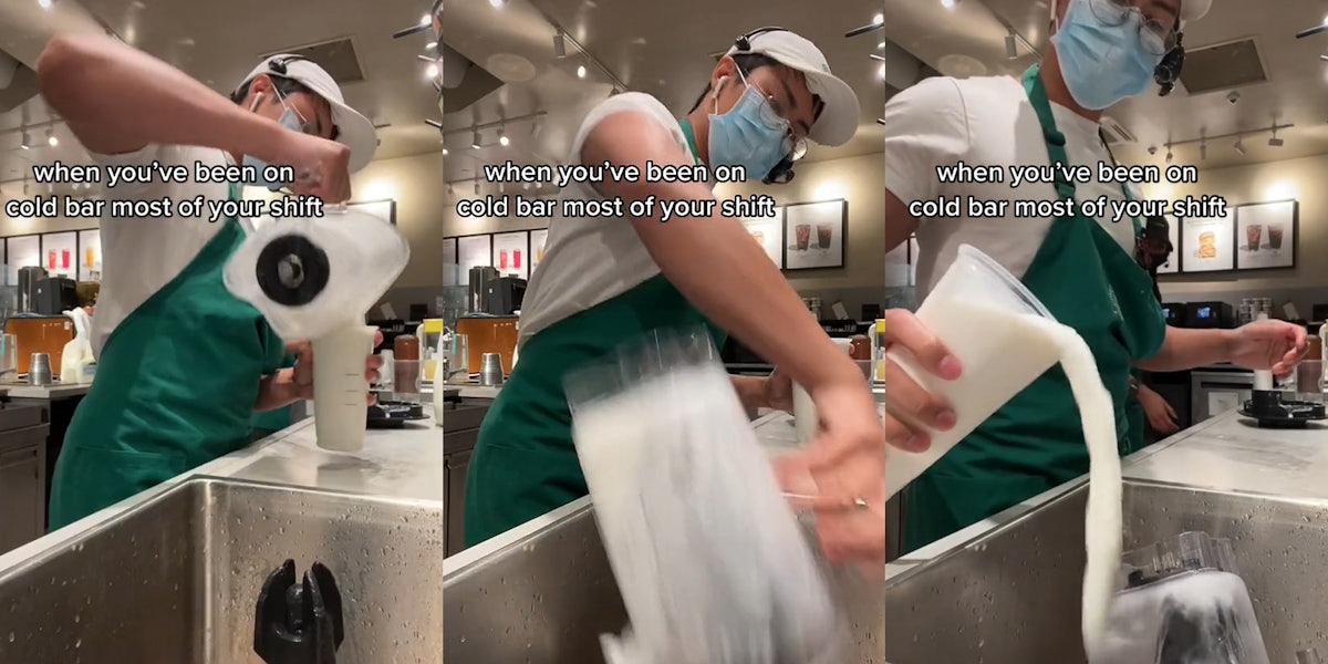 Barista pouring liquid into cup caption 'when you've been on cold bar most of your shift' (l) barista putting container in sink caption 'when you've been on cold bar most of your shift' (c) barista pouring out a little liquid from cup into sink caption 'when you've been on cold bar most of your shift' (r)