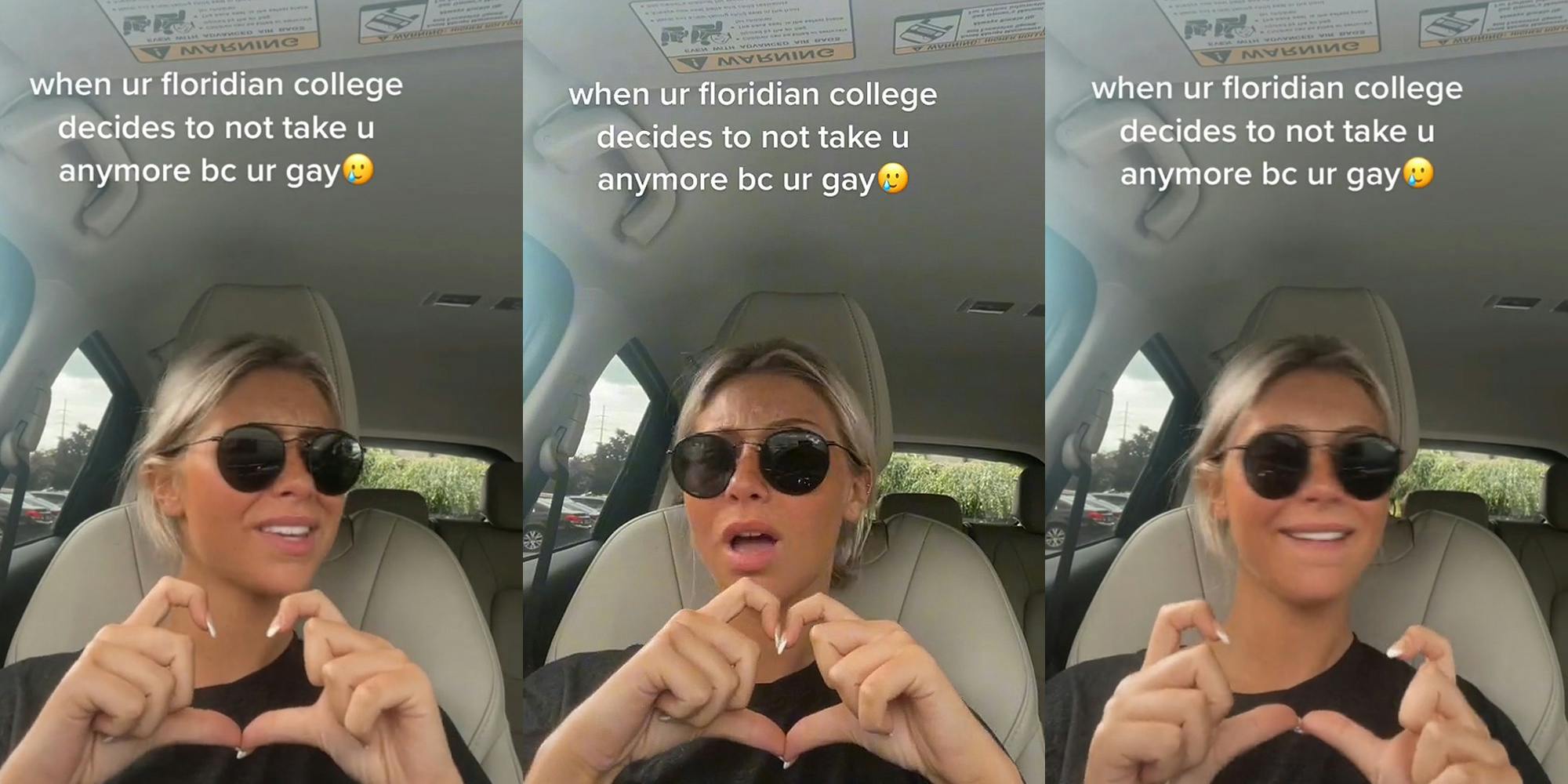 woman in car singing making heart with hands caption "when ur floridian college decides to not take you anymore bc ur gay" (l) woman in car singing making heart with hands caption "when ur floridian college decides to not take you anymore bc ur gay" (c) woman in car singing breaking heart with hands caption "when ur floridian college decides to not take you anymore bc ur gay" (r)