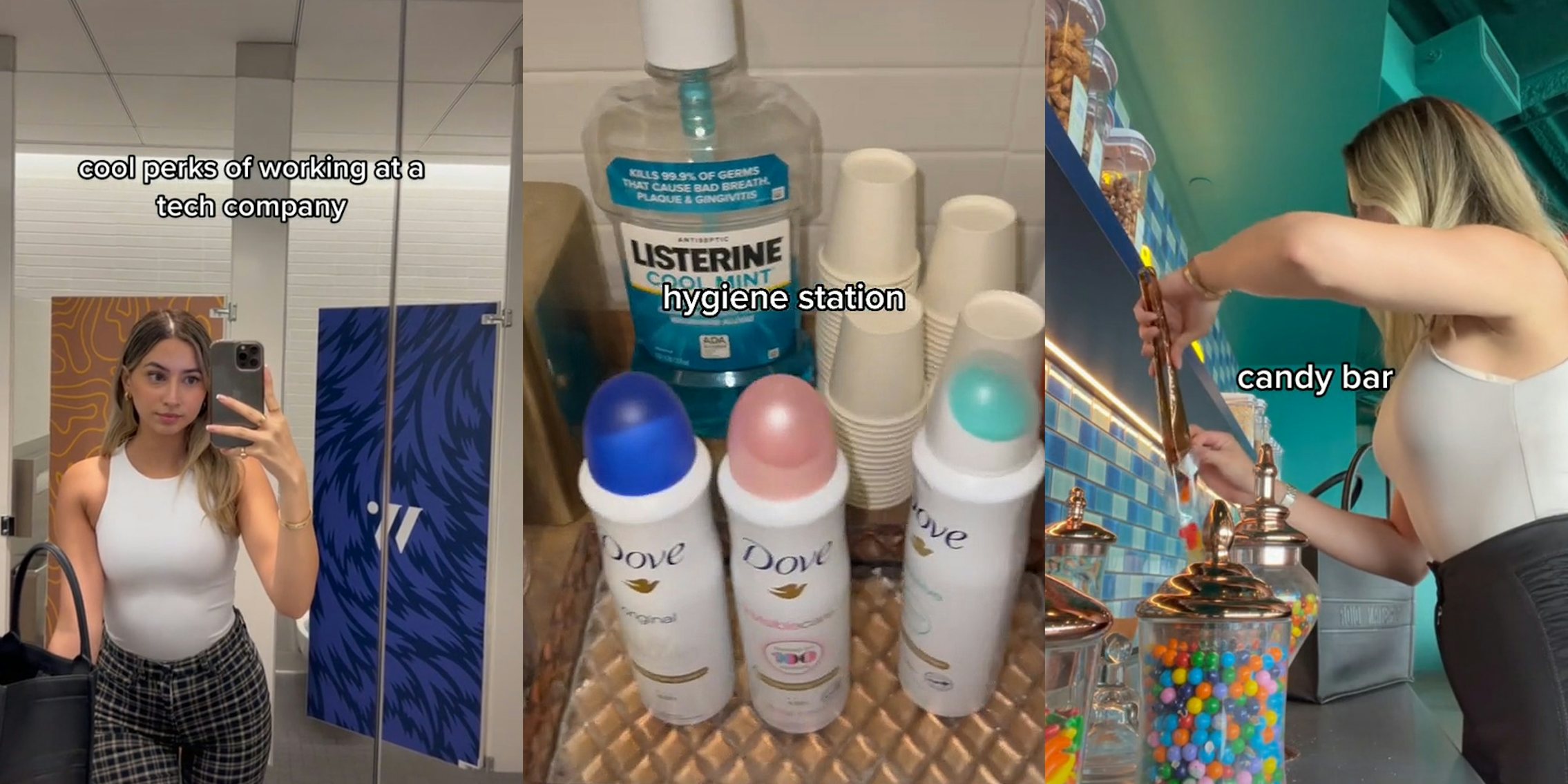 woman posing in bathroom for mirror selfie caption 'cool perks of working at a tech company' (l) hygienic products (mouthwash deodorant) in basket caption 'hygiene station' (c) woman using tongs to select candy from candy station caption 'candy bar' (r)