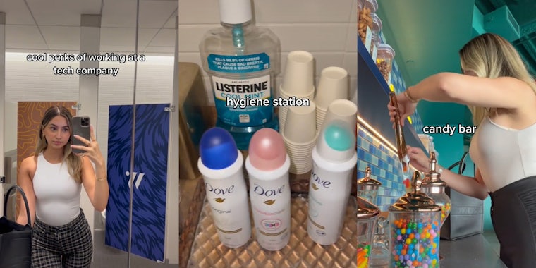 woman posing in bathroom for mirror selfie caption 'cool perks of working at a tech company' (l) hygienic products (mouthwash deodorant) in basket caption 'hygiene station' (c) woman using tongs to select candy from candy station caption 'candy bar' (r)