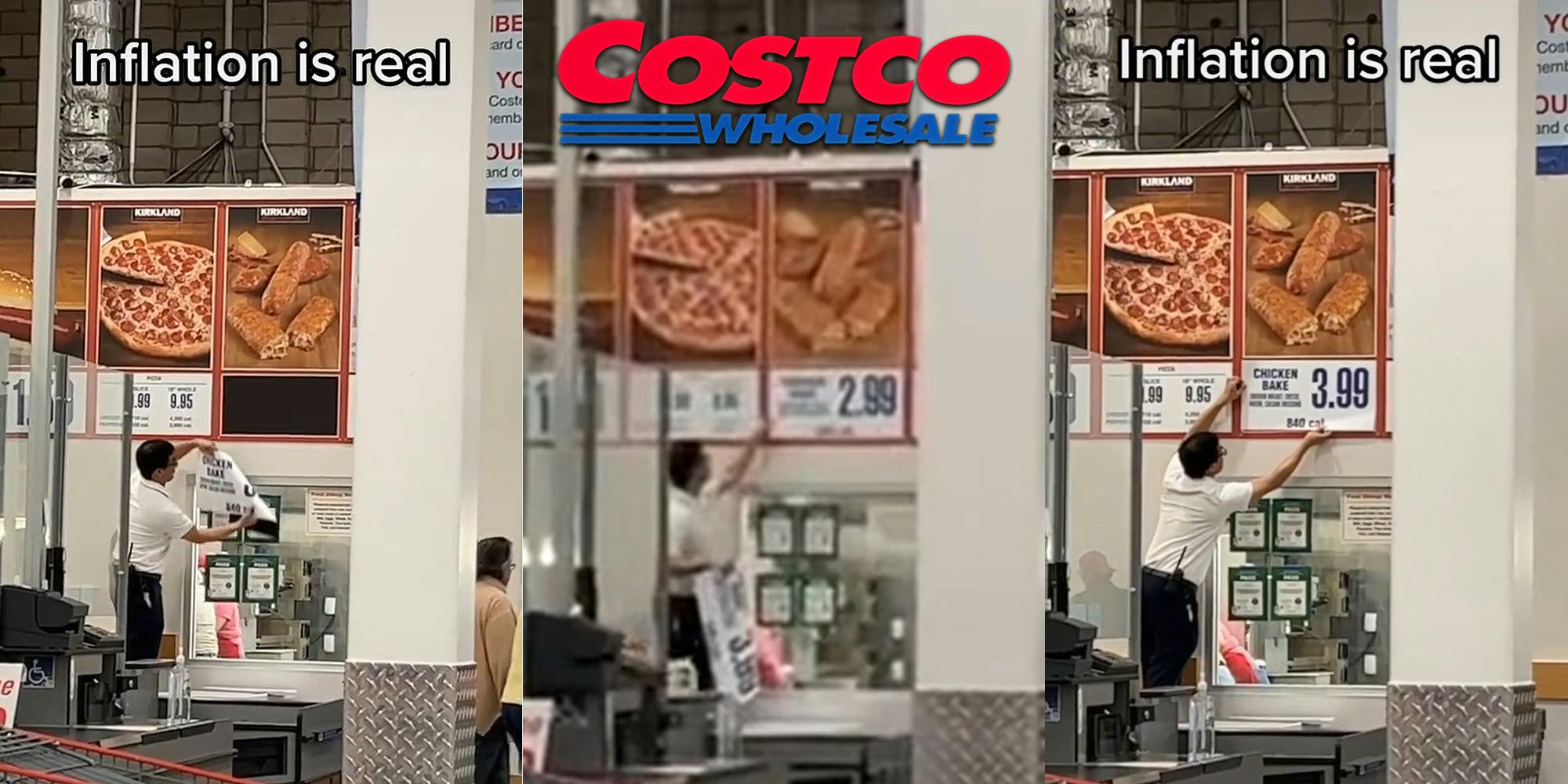 Costco food court menu sign with worker replacing 2.99 price caption "Inflation is real" (l)Costco food court with menu sign worker grabbing 2.99 price (c) Costco food court menu sign with worker replacing 2.99 price caption "Inflation is real" (r)