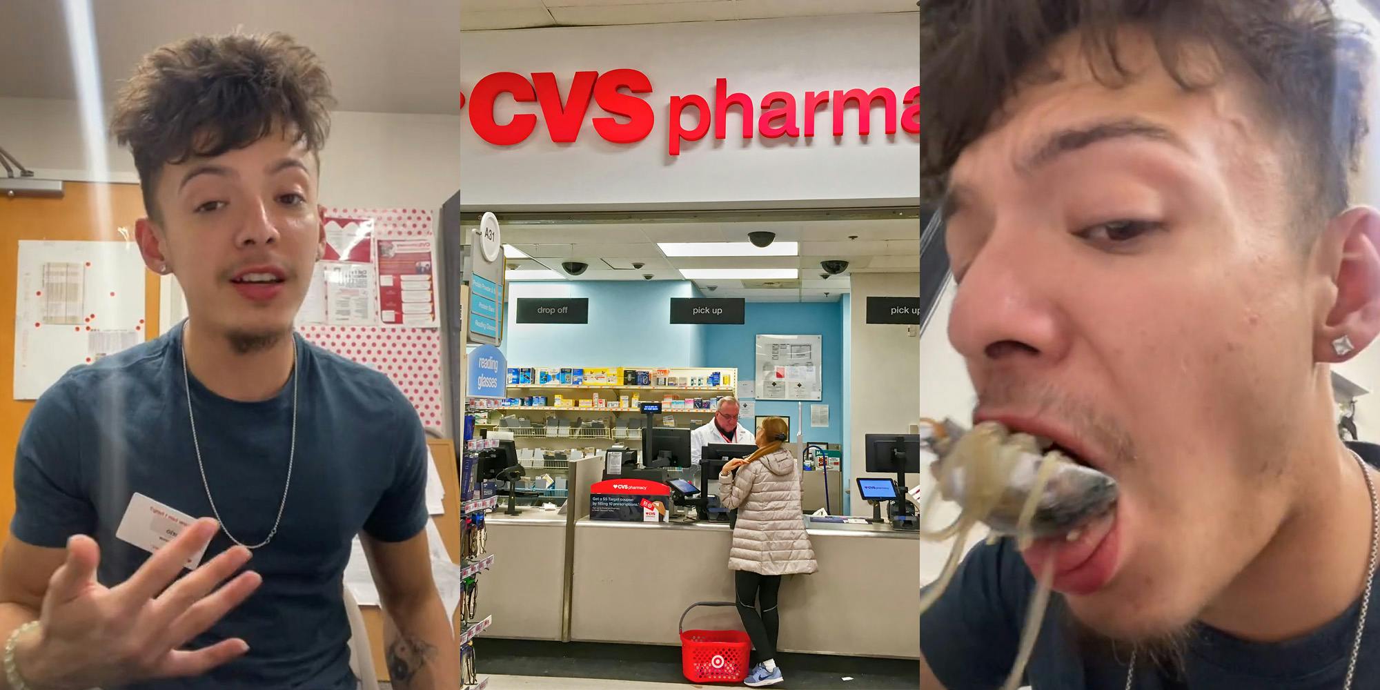 CVS worker speaking with hand out (l) CVS pharmacy (c) CVS worker eating noodles (r)