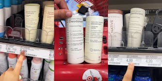woman finger pointing to female deodorant cost "6.99" at Target (l) Men's and Women's deodorant side by side in cart at Target (c) woman pointing to price of male deodorant "4.99" (r)