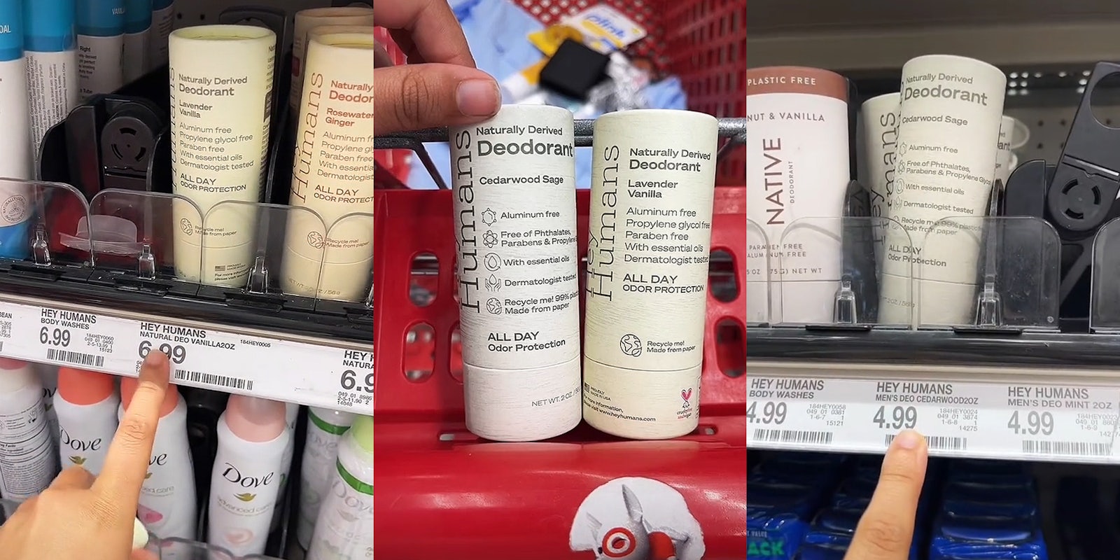 woman finger pointing to female deodorant cost '6.99' at Target (l) Men's and Women's deodorant side by side in cart at Target (c) woman pointing to price of male deodorant '4.99' (r)
