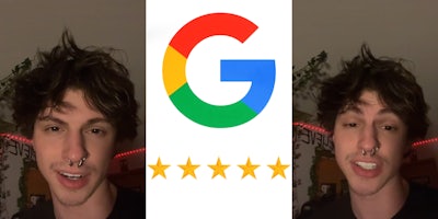 man speaking (l) Google logo and 5 stars below on white background (c) man speaking (r)