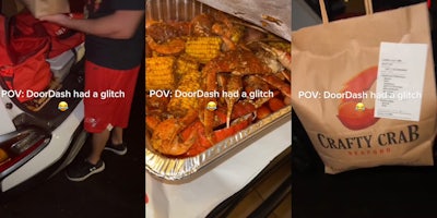 man grabbing bag from trunk caption 'POV: DoorDash had a glitch' (l) open container of crab and corn caption 'POV: DoorDash had a glitch' (c) man handing bag of Crafty Crab to other person caption 'POV: DoorDash had a glitch' (R)