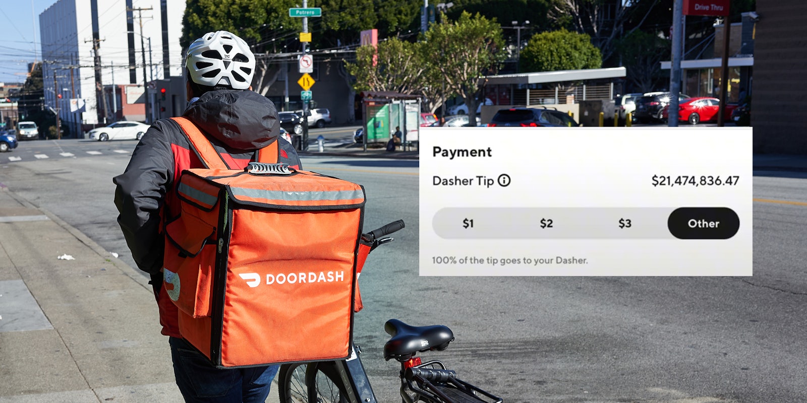 A DoorDash delivery worker walks his bike with Payment/Dasher Tip reading $21,474,836.47